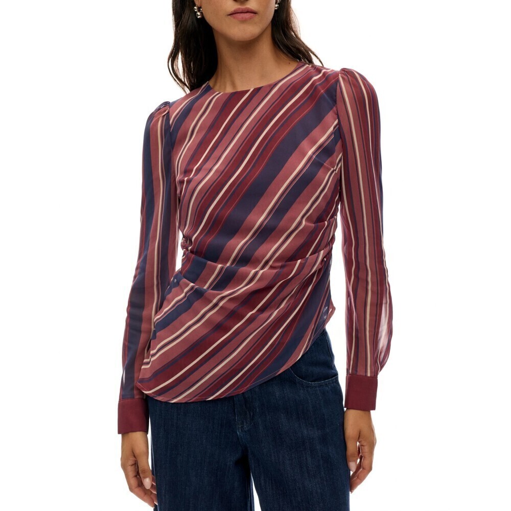 Burgundy Diagonal Stripe Puff Shoulder Ruched Waist Blouse